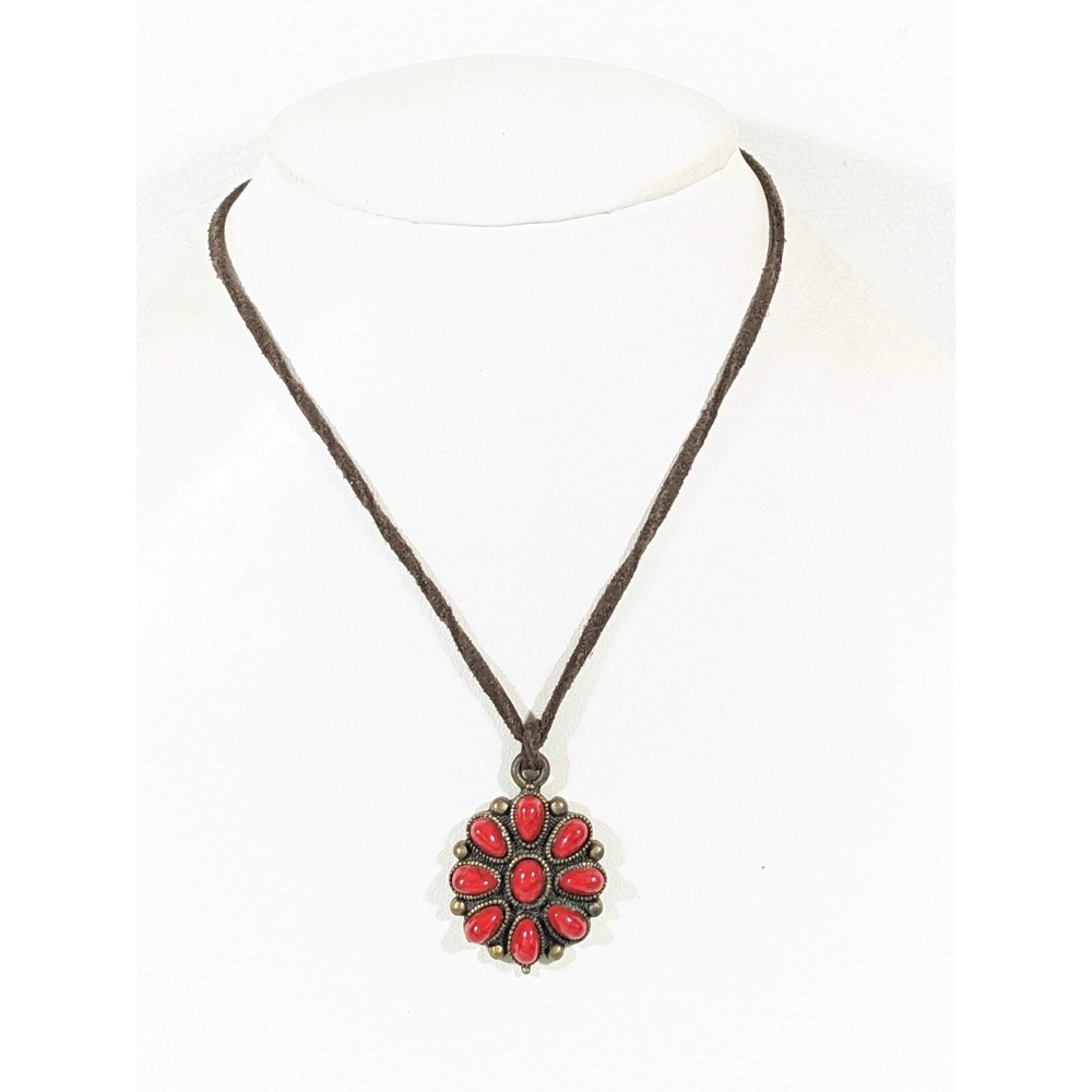 Bronze Tone Red Cabochon Medallion Brown Cord Tribal Style Necklace 18 inch